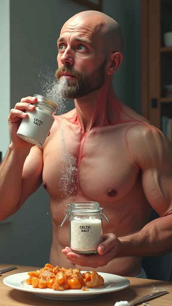 A MEDICAL ILLUSTRATION OF A REALISTIC human body holding a jar with "CELTIC SALT" written on the label, he throws it in his mouth DURING BREAKFAST emoji