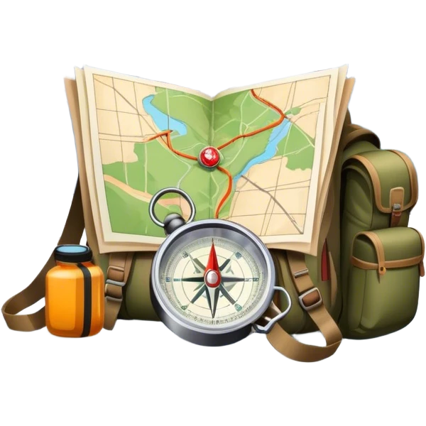 Icon for Expeditions: a compass, a map and a backpack with trekking gear, placed on a rugged mountain terrain with snow-capped peaks. The icon should evoke the spirit of adventure and discovery in remote, unexplored places. Transparent background. emoji