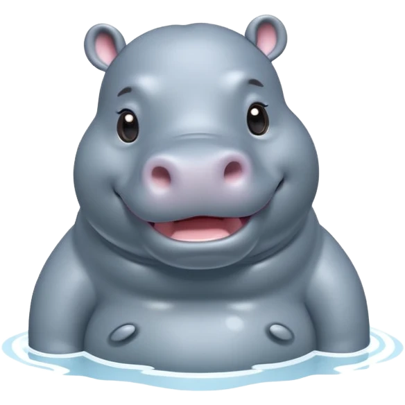 A 3D cartoon hippopotamus half-submerged in water, smiling gently, soft lighting, rounded body and glossy texture, cute Memoji-style look.Full body. emoji