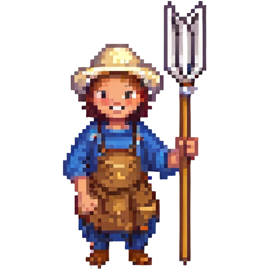 pixel art Twitch emoji of a cheerful peasant with a pitchfork emoji