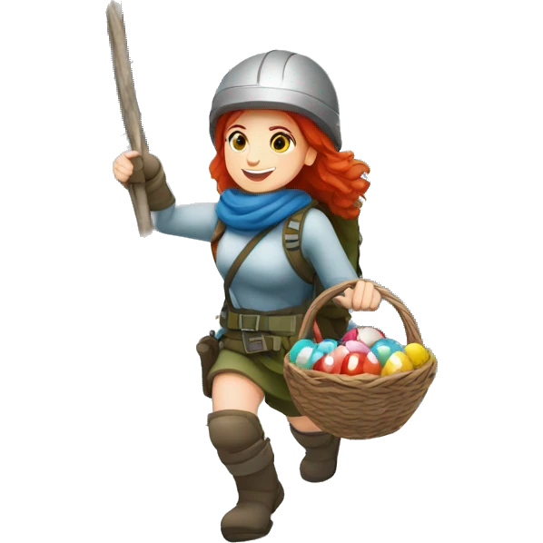 Female winter mountaineer red hair white skin climbing with Greek Flag and Easter eggs basket emoji
