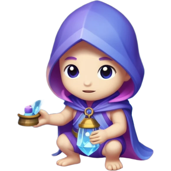 purple, blue, and pink crystal chibi creature holding a lantern inside a crystal-filled cave emoji