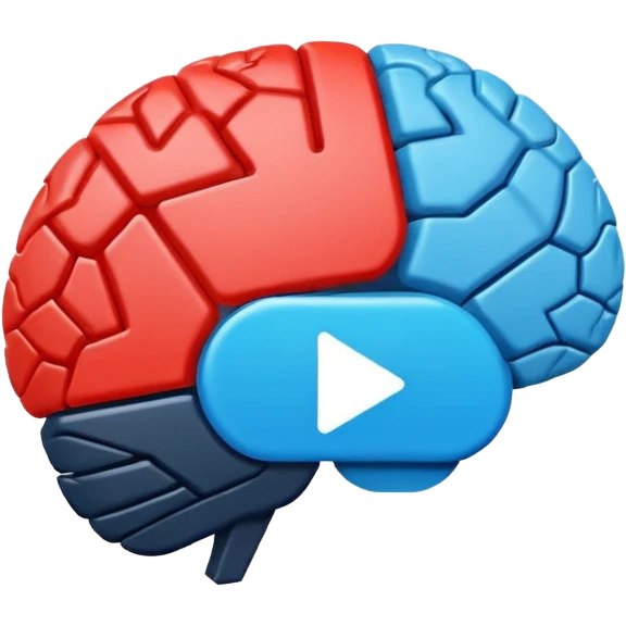 Minimalist flat icon design, brain silhouette with YouTube play button triangle integrated inside, clean vector style, single color or gradient, simple lines, professional logo style, white background, centered composition emoji