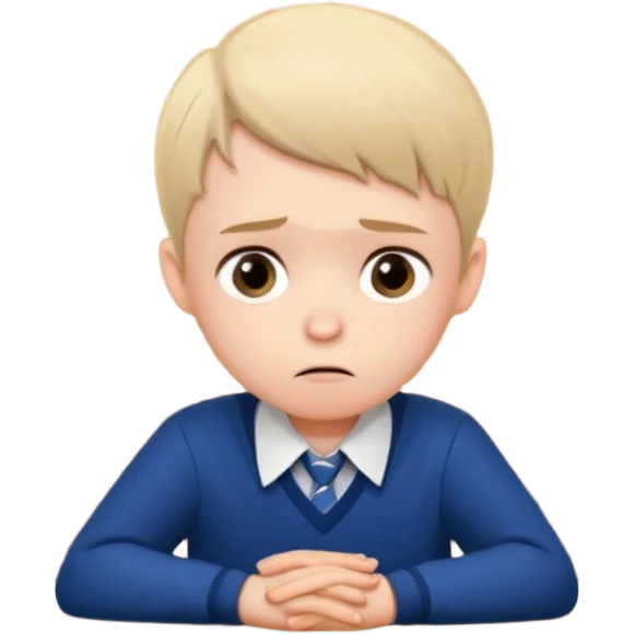 an anxious boyin school uniform sitting in front of a table emoji