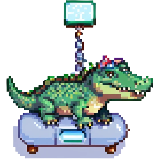 pixel art green crocodile standing on top of a small cartoonish airplane, small size emoji