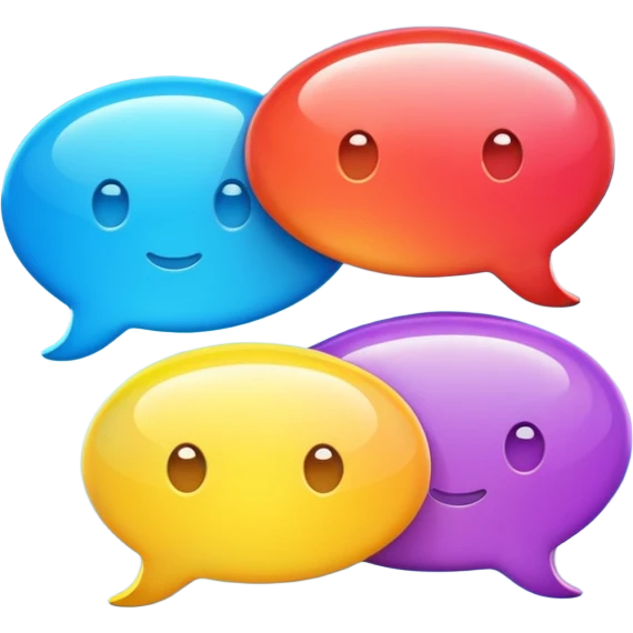 Create an emoji-style icon with two overlapping chat bubbles and a small phone or info symbol, representing ‘Contact Us’. Cute, colorful, rounded design emoji