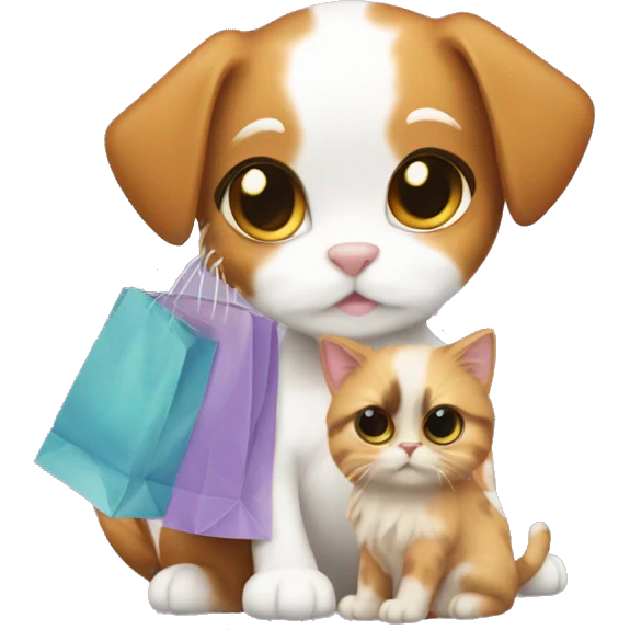 Calico cat and Shitzu puppy with shopping bags emoji