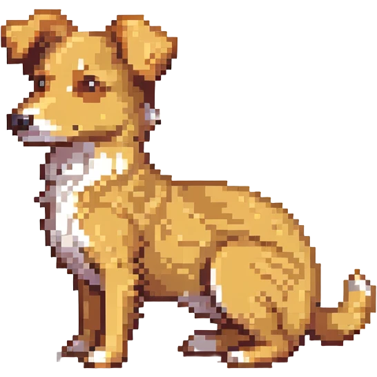 medium-sized sandy colored dog with one back leg missing, tail curled up onto its back, attentive upright ears, pixel art style emoji