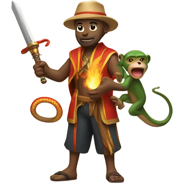 man with a monkey breathing fire and a pet snake using a sword emoji