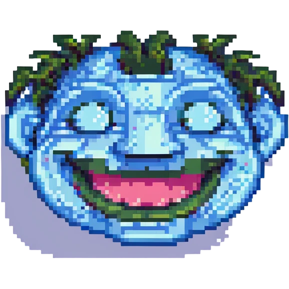 Create a pixel art troll face with a big grin and blocky features inspired by the provided reference. emoji