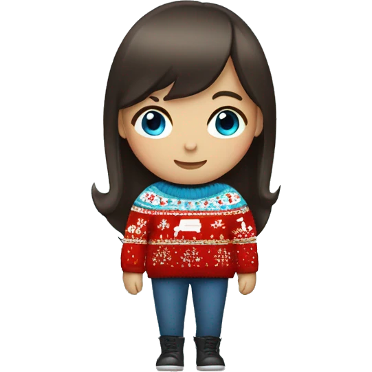 A girl with bangs of dark brown hair and blue eyes in a Christmas sweater emoji