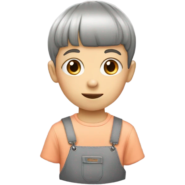 White child with bowl cut with a grey furry jumpsuit with peach dinosaurs on it  emoji
