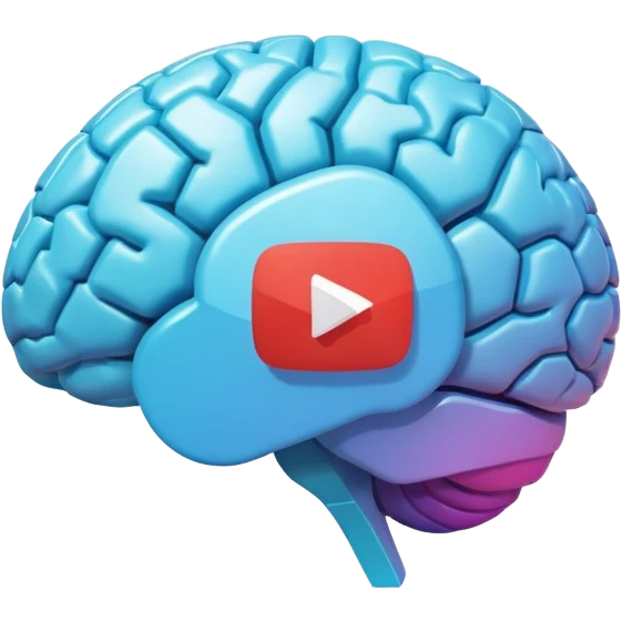 3D icon design, brain with YouTube play button symbol integrated into brain structure, glassmorphism style, soft shadows, gradient colors, modern app icon aesthetic, isometric view emoji