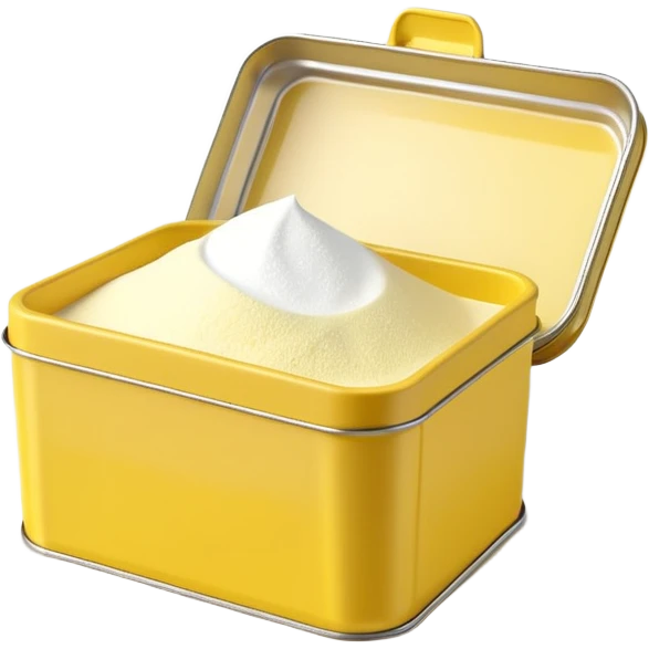 small tin or box of cornstarch with simple lid, partially open to show fine white powder inside, clean minimal yellow or neutral container, no branding, no spoon, no faces, clean 3D style, soft lighting, transparent background, emoji scale emoji