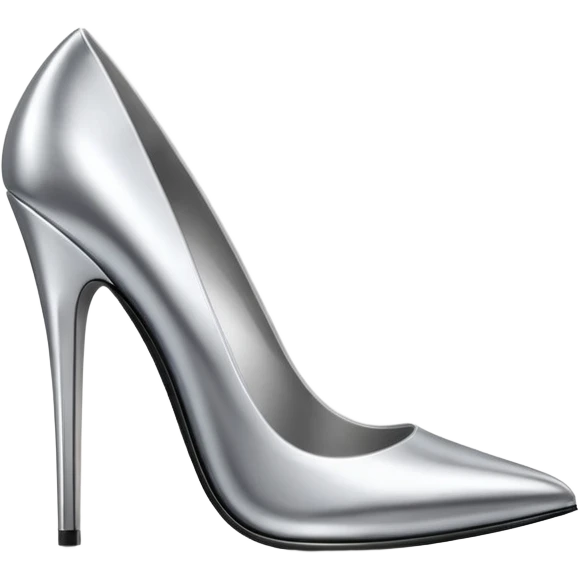 A pair of high heel shoes emoji made of polished silver chrome, elegant sharp silhouette, smooth metallic surface, glossy reflections, luxury sexy vibe, minimalistic iOS emoji style, centered, clean white background emoji