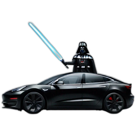 Darth Vader with lightsaber on riding a open top black Tesla Model 3 emoji
