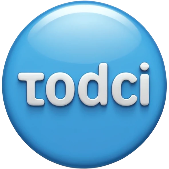A glossy, three-dimensional emoji pin badge showing the text "TODOC". The font is modern, rounded, sans-serif, and colored in a professional medical blue. The badge has soft edges and reflections, in the style of Apple emojis. White background. emoji