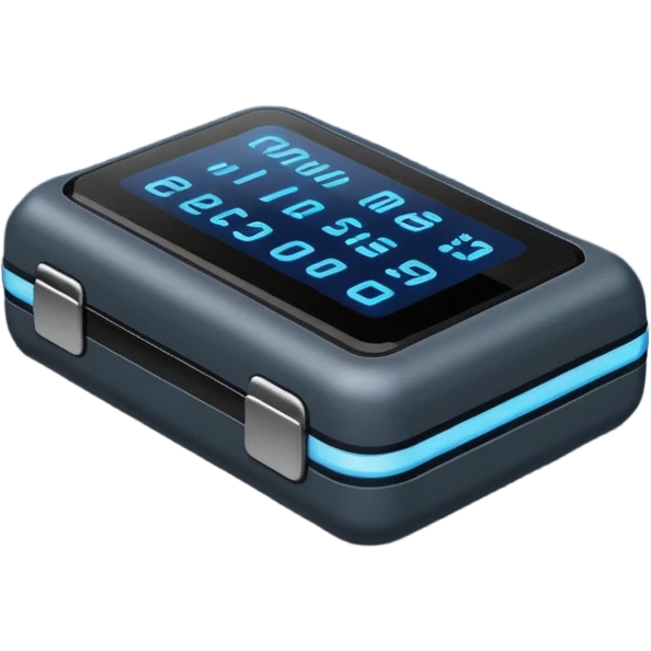 small rectangular pager with glowing blue digital screen showing BIP in pixel font, dark gray body, rounded corners, buttons, iOS emoji style emoji