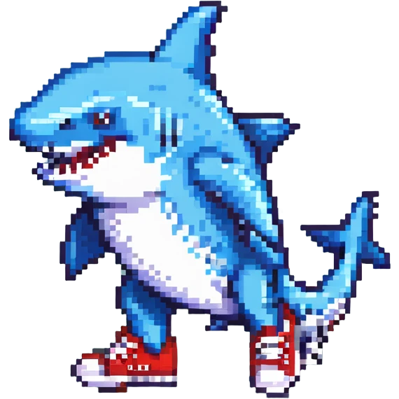 a shark wearing sneakers, pixel art style emoji