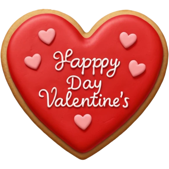 Heart-shaped cookie with smooth red icing, write 'Happy Valentine's day' on top of the red icing in white icing emoji
