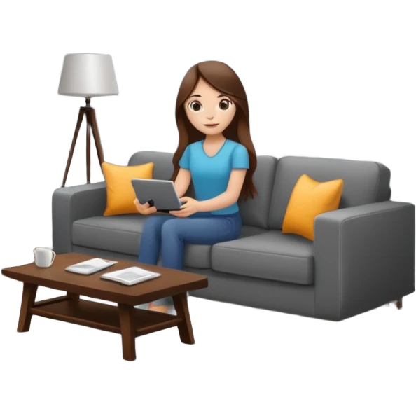 beautiful girl with long brown hair constructing new lounge room area with flat screen tv and couch emoji