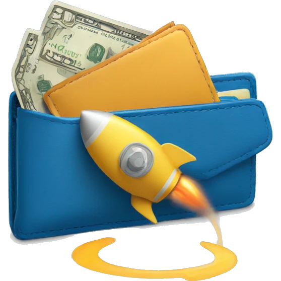 in the emoji style of a blue colored wallet linked to a rocket emoji
