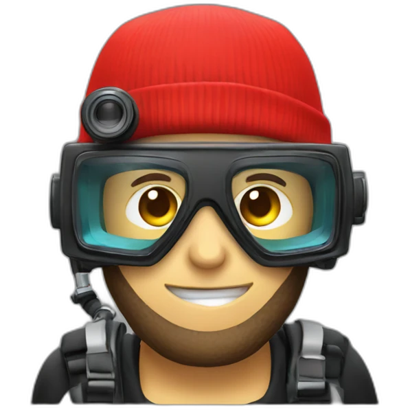 scuba diver, wearing a red beanie and with a camera emoji