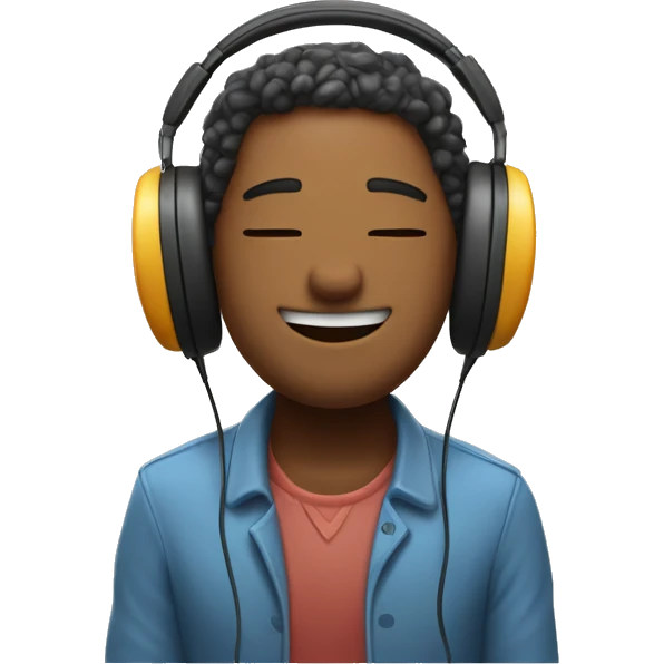 A character with headphones, closed eyes, and a peaceful smile. They can be nodding their head slightly, enjoying an audiobook, with small musical notes or a book in the background. emoji