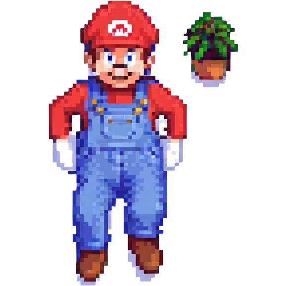 Mario in pixel art style, 8-bit game style, red hat and blue overalls, retro colors, jumping action emoji