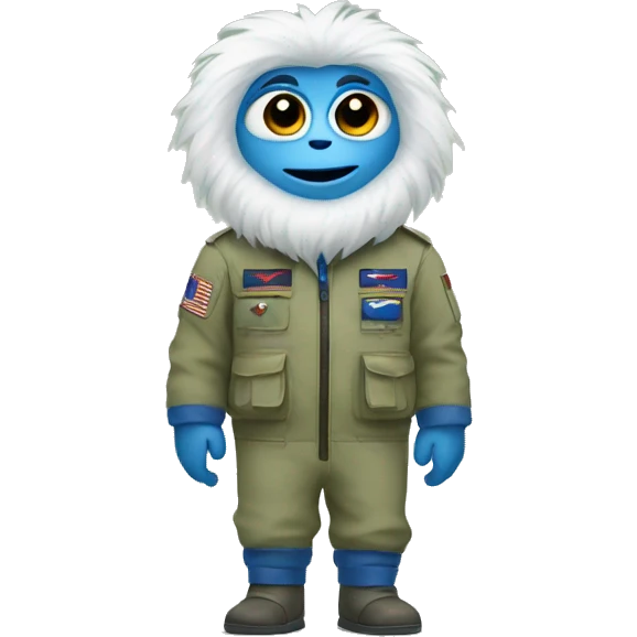 A yeti with big eyes wearing a khaki green flight suit with blue hands and feet emoji