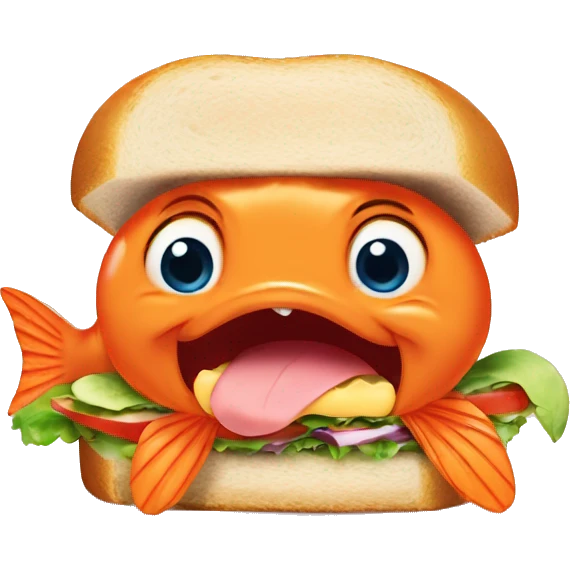 Cute orange fish from the cartoon "Lilo and Stitch" eats a sandwich emoji