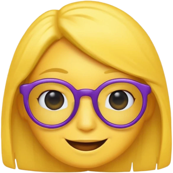 un emojis amarillo, con el cabello corto,lacio y negro, con lentes violeta y una sonrisa emoji