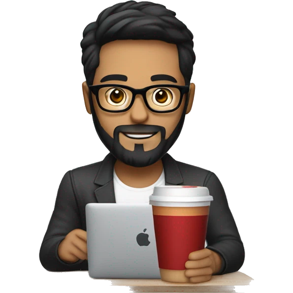 Designer with black hair, beard and glasses working with MacBook and drinking cappuccino ketchup bottle emoji