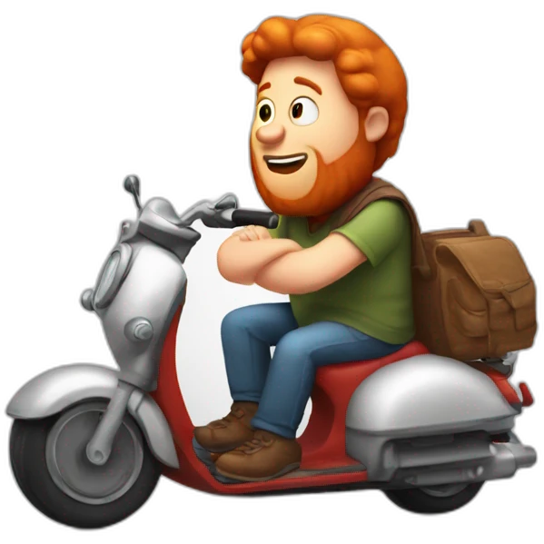 Fat red headed guy with big ears riding a scooter talking about Jesus emoji