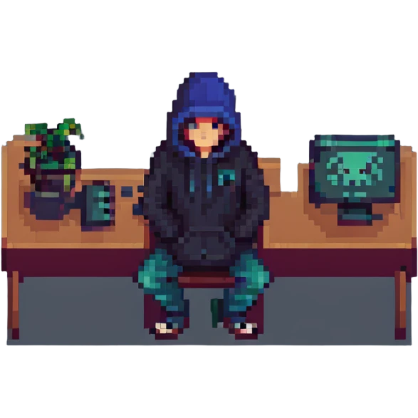cybersecurity, hacker in hoodie at computer, pixel art style emoji