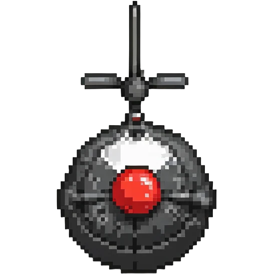 Remote control bomb, black round bomb with antenna and red button, pixel art style emoji