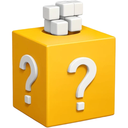  yellow cube shaped box over stuffed with white question mark cubes emoji