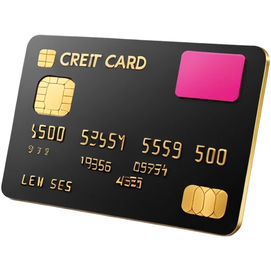 Black sleek credit card with gold chip and hot pink embossed numbers, minimal design, no logos, soft 3D style. emoji