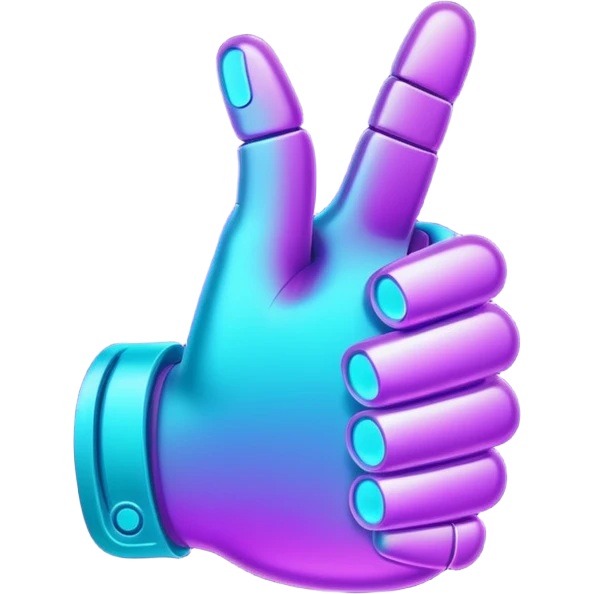 futuristic glowing thumbs up, neon purple and cyan light, dark background, digital tech style emoji