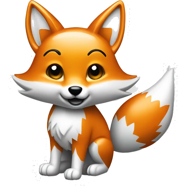 Fully chromed fox statue in iOS emoji style, smooth, rounded edges, reflective surface with soft light reflections, minimalist features like the tail and raised paw. Plain white background to emphasize the chrome texture. emoji