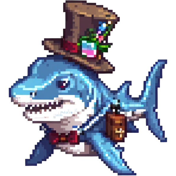pixel art shark, blue, with a fancy tophat emoji