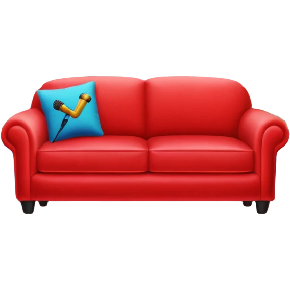 red velvet couch, mic in front, houseplants in back, and a neon sign saying "karaoke" emoji