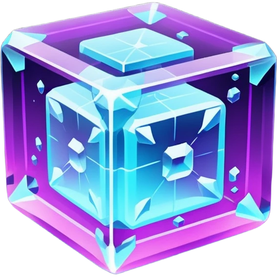 Futuristic glowing ice crystal cube, icy neon cyan highlights, purple neon accents, dark background, digital tech style. emoji