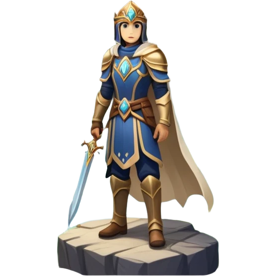 An icon featuring a hero with a closed visor, standing in a majestic, mystical landscape, inspired by RPGs like Elden Ring. The design includes a stunning, ethereal background with towering castles and distant mountains, symbolizing the adventure and mystery. Transparent background emoji