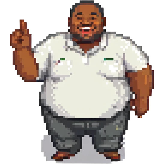a fat black man pointing and laughing, simple and bold, pixel art style emoji