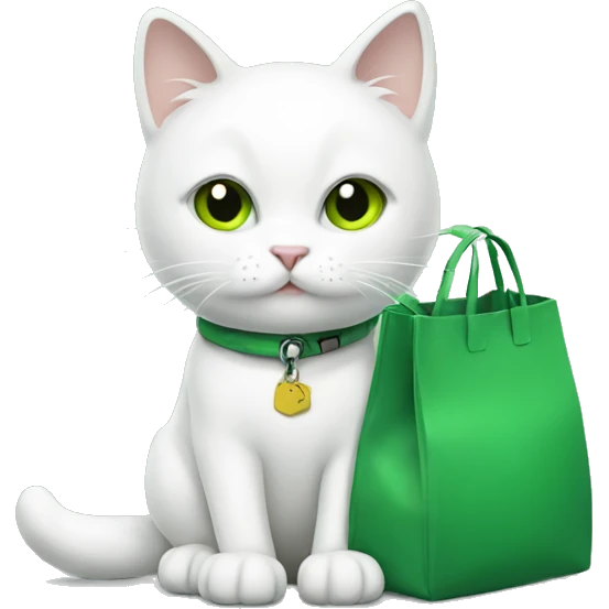 White cat with green bag emoji