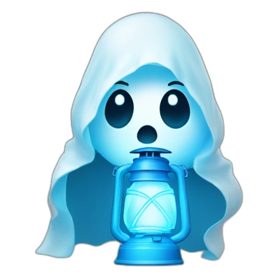 Ghost outlined in glowing white, holding a neon-blue lantern sticker