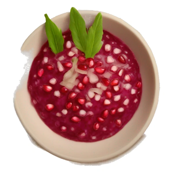matbucha dip with pomegranate seeds on top sticker