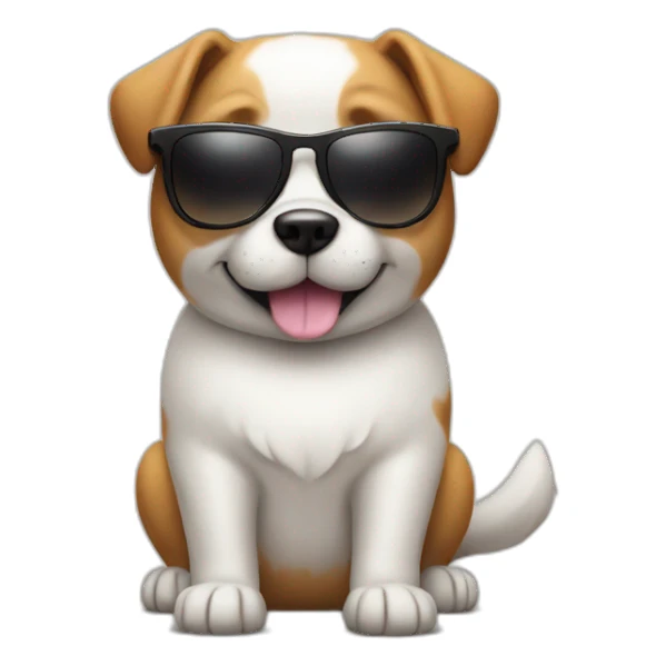 Dog with sunglasses with a marshmellow sticker