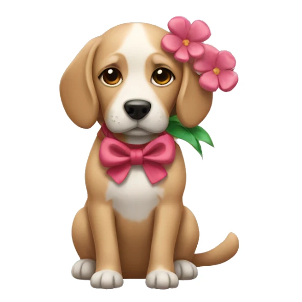 dog with bow holding flower sticker